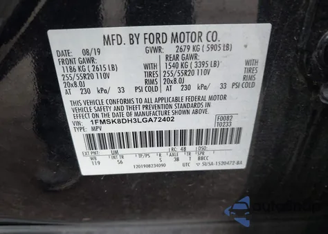 2020 Ford Explorer Xlt из США, поврежденный, VIN 1FMSK8DH3LGA72402